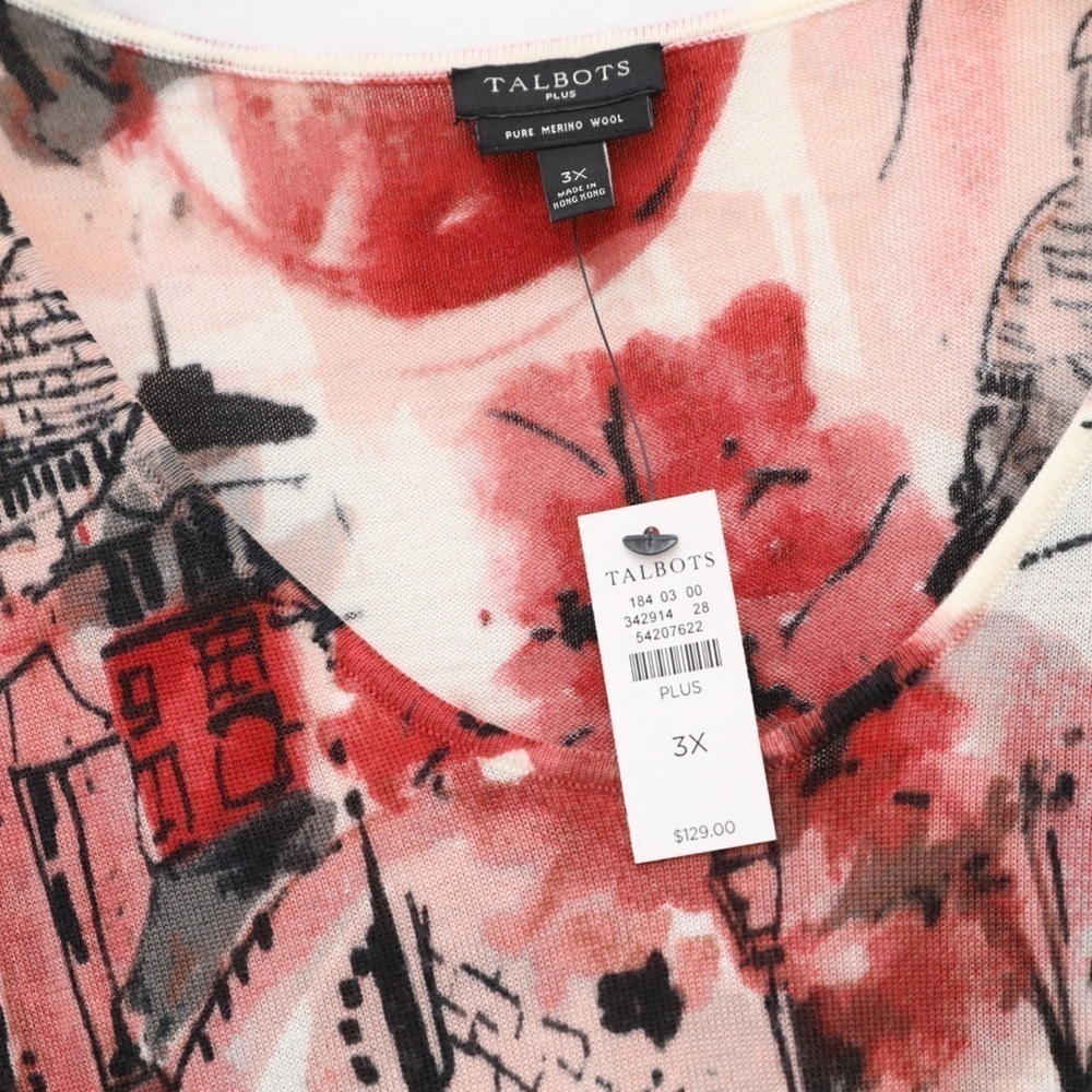 NWT Talbots Soft Merino V-neck Sweater Scenic Autumn City Square print warm 3X - Picture 3 of 10